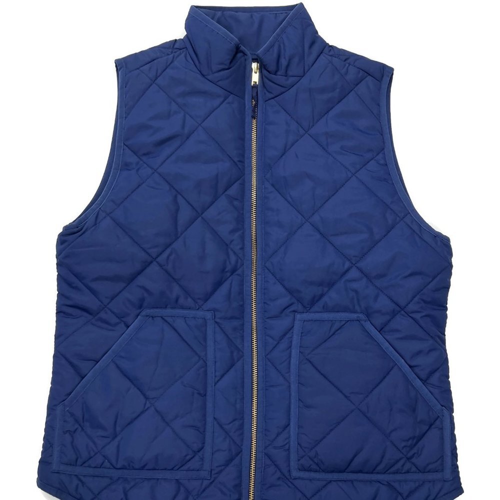 J Crew Diamond Quilted Puffer Vest Womens Small Blue Full Zip Sleeveless Hiking
